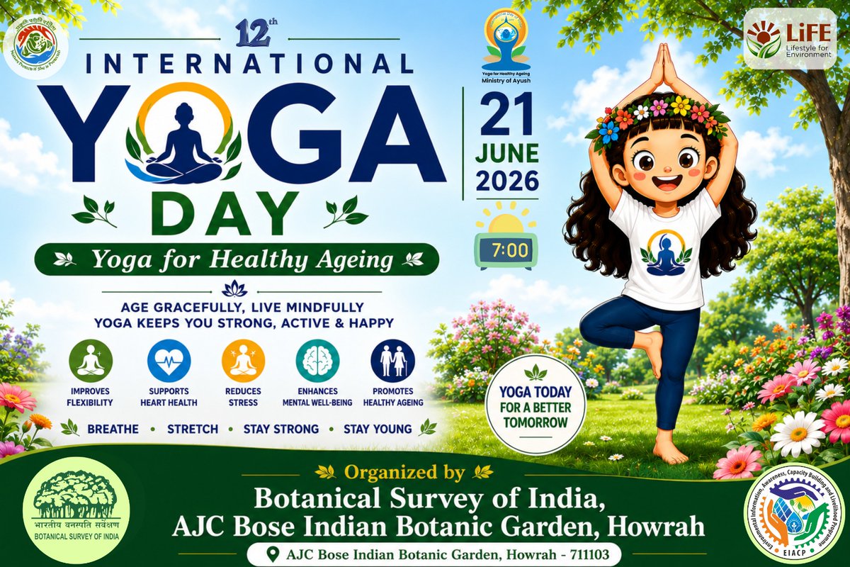 EnvisBsi's tweet photo. All the units of Botanical Survey of India, Kolkata and Howrah region and BSI EIACP PC-RP will jointly celebrate ‘International Yoga Day 2026’, under the theme ‘Yoga for Healthy Ageing’ on 21st June 2026 in front of the iconic Great Banyan tree at the AJCBIBG, Howrah. https://t.co/ljG9CMGAbx