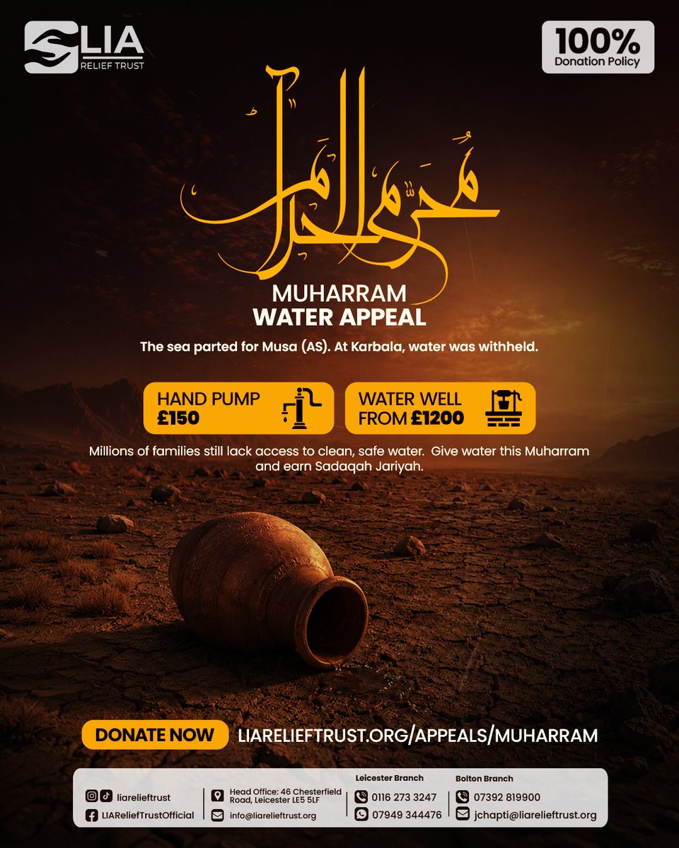 LIAReliefTrust's tweet photo. 💧 This Muharram, give the relief they wait for.

Millions still struggle for safe water.

🚰 Hand Pump – £150
💦 Water Well – £1,200
🔗 https://t.co/7OPy8bPafS

Let your charity outlive you. https://t.co/kbeYklHR0c