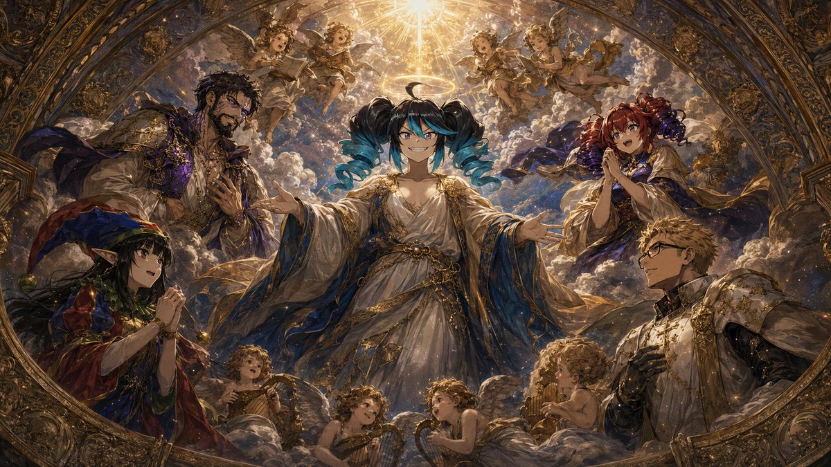Arbel_Gaming's tweet photo. Cathedral Ceiling

******Prompt start******

@image1 - main character reference - middle of the frame!
@image2 - secondary character reference (optional)
@image3 - secondary character reference (optional)
@image4 - secondary character reference (optional)
@image5 - secondary character reference (optional)
NOTE: ONLY USE CHARACTERS FROM THE UPLOADED REFERENCE IMAGES. @IMAGE1 IS THE MAIN CENTRAL CHARACTER. ONLY INCLUDE SECONDARY CHARACTERS IF THEIR REFERENCE IMAGES WERE ACTUALLY PROVIDED. NEVER INVENT NEW CHARACTERS AND NEVER GENERATE MORE SECONDARY CHARACTERS THAN REFERENCES UPLOADED.

preserve for all characters:
- face shape, eyes shape, eye color, gender, age, hair style, hair color, silhouette.

<style>
cathedral ceiling fresco,
High Renaissance mural painting,
Baroque ceiling fresco,
painted vaulted architecture,
di sotto in sù perspective,
trompe-l'œil architectural illusion,
ornate gilded decoration,
celestial cloud compositions,
classical religious mural aesthetic,
Old Master fresco technique,
monumental painted ceiling
</style>

<quality>
masterpiece,
museum-quality,
highly detailed,
intricate brushwork,
expert composition,
fine fresco texture,
professional lighting,
exceptional craftsmanship,
sharp focal hierarchy,
rich color harmony
8k resolution
poster quality
</quality>

<lighting>
ethereal god rays infused with sparkling magical particles and light motes, luminous celestial energy radiating from a central divine source, soft dreamlike volumetric lighting, iridescent light refractions through clouds, glowing magical halos and subtle aura around characters, radiant bloom on gilded details, mystical yet painterly light that feels both heavenly and enchanted, delicate light shafts with floating luminous specks, Old Master fresco technique meets subtle fantasy illumination
</lighting>

<scene>
aspect ratio: 16:9
If only @image1 is provided, do not add any secondary human characters or worshipers around the main character. Only include the requested singing angels. There must be exactly one single instance of @image1 — do not duplicate or repeat the main character in any way.
a beautiful mural painted on a cathedral ceiling.
@image1 as main character appears in the middle of the painting (placement is fixed without change) with @image2 , @image3 , @image4 and @image5 appear around them (if those images were provided).
change the attire of all characters to fit renaissance Christian iconography.
between 5 to 12 singing angels appear in the scene (number varies)
@image1 has a round halo placed slightly above his head.
rest of the characters are looking at @image1.
all characters have different poses (poses are varied for each character).
Only generate as many secondary characters as reference images were actually provided. Do not create additional or duplicate characters.
If only @image1 is provided, do not add any secondary human characters or worshipers around the main character. Only include the requested singing angels.
the atmosphere should convey awe, worship, prayer and godhood.
</scene>

<negative prompt>
Low quality, worst quality, blurry, bad anatomy, extra fingers, missing fingers, extra digits, missing digits, jpeg artifacts, logo, text, watermark, pointillism, deformed, ugly, ugly faces, blurry faces, cropped, cropping, duplications.
</negative prompt>

*****Prompt End*****
@ysr1305 @88probs @NamikaVT @ChudMaxxed007 @mugiroayatsuki 

----------------
#AIart️️️️️️️️️️️️️️️️️️️️️️️️️️️️️️️️️️️️️️️️️️️️️️️️️️️ #promptengineering