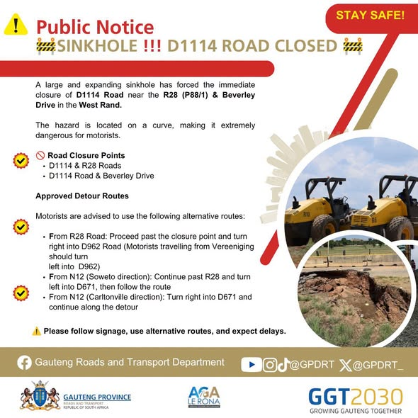 GPDRT_'s tweet photo. 🚨 ATTENTION WEST RAND MOTORISTS 🚨

Please be advised that the D1114 Road is currently closed. All residents and road users are urged to plan their trips in advance and use alternative routes where possible.

We appreciate your patience and understanding while essential road infrastructure upgrades are carried out to improve safety and traffic flow for everyone.

Thank you for your continued cooperation.