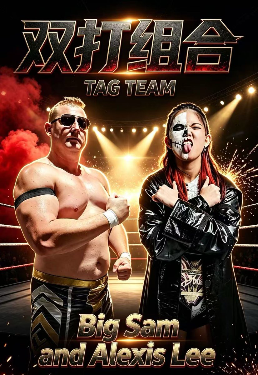 sjdburgess's tweet photo. 🤖 Fan-made AI art

🔥 The Great White @sjdburgess will team with his Sexy Singapore Sling, @AlexisLeeXY for tomorrow's @GWF_China Show in Guangzhou.

Who’s ready for domination? 👇

#BigSam #AlexisLee #ProWrestling #TagTeam #ProWrestlers https://t.co/G9Uw8Vr2u5