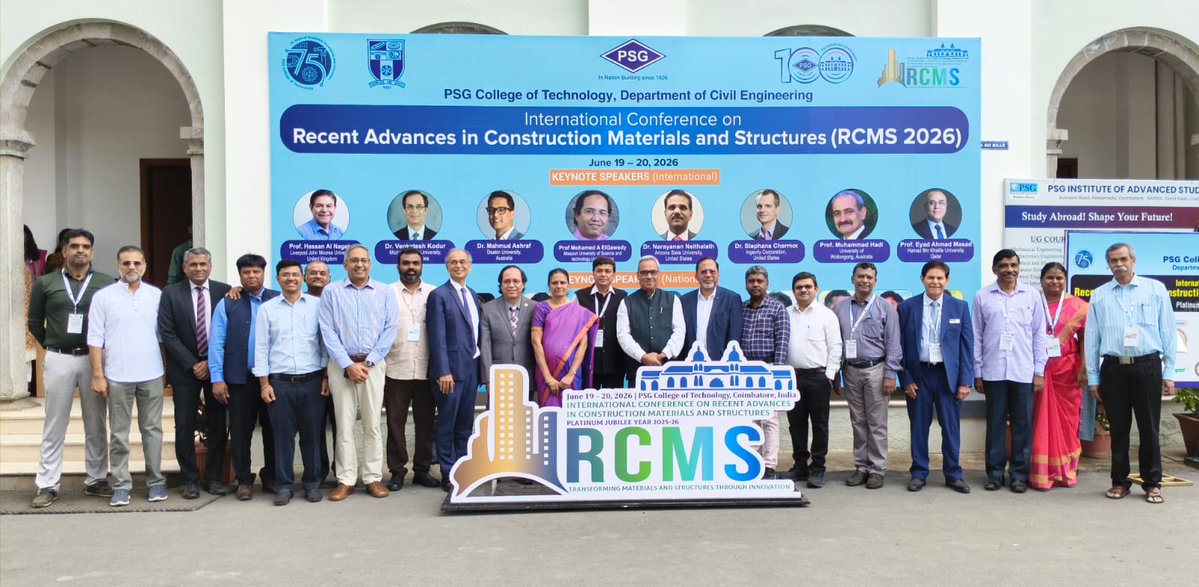 PSGInstitutions's tweet photo. On 19 June 2026, PSG Tech inaugurated RCMS 2026, an international conference on Recent Advances in Construction Materials &amp; Structures.

The conference (19 &amp; 20 Jun '26) features 19 keynote speakers, 120 participants and 12 technical sessions.

#PSGandSonsCharities https://t.co/BQKoGHpeTZ