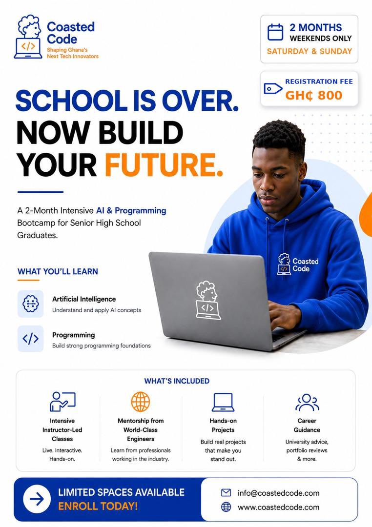 frederick_minta's tweet photo. 🎓 School is over. Now build your future.

Join Coasted Code’s 2-Month Intensive AI &amp; Programming Bootcamp designed exclusively for Senior High School graduates. 
🌐 Visit  https://t.co/UJJV2EACGa⁠ to enroll today and start building the skills that will shape tomorrow. ✨#stem https://t.co/hAgWcK6AWE