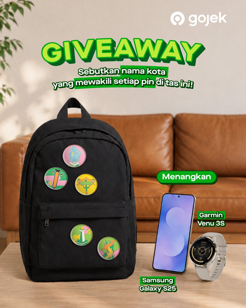 gojekindonesia's tweet photo. [#GIVEAWAYGOJEK]

Mau dapetin tips libur lebih maksimal? Pake rekomendasi JALAN JAJAN di aplikasi Gojek, sama ikut giveaway ini biar liburan pake gadget baru~

Cara ikutannya gini:
1.⁠ ⁠Cek JALAN JAJAN di aplikasi Gojek untuk dapetin nama-nama kota yang mewakilkan setiap pin di tas. Komen dengan format “YUKLIBUR ke [JAWABANMU] pake rekomendasi JALAN JAJAN”, mention 2 teman kamu, dan pake hashtag #GIVEAWAYGOJEK
2.⁠ ⁠Pastikan akun kamu tidak di-private dan follow @gojekindonesia
3.⁠ ⁠Periode kuis 19 - 29 Juni  2026