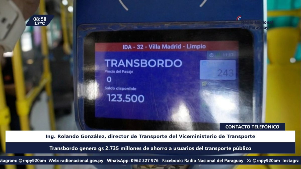 rnpy920am's tweet photo. #LaMañanaNacional Conversamos con el 🗣️ Ing. Rolando González, director de Transporte del Viceministerio de Transporte 
🚌Transbordo genera  2.735.000.000 de guaraníes de ahorro a usuarios del transporte público

🔴#920AM 
📺15.2 
📺https://t.co/sBu4Jo9Wt6 https://t.co/hmCrmIslp6