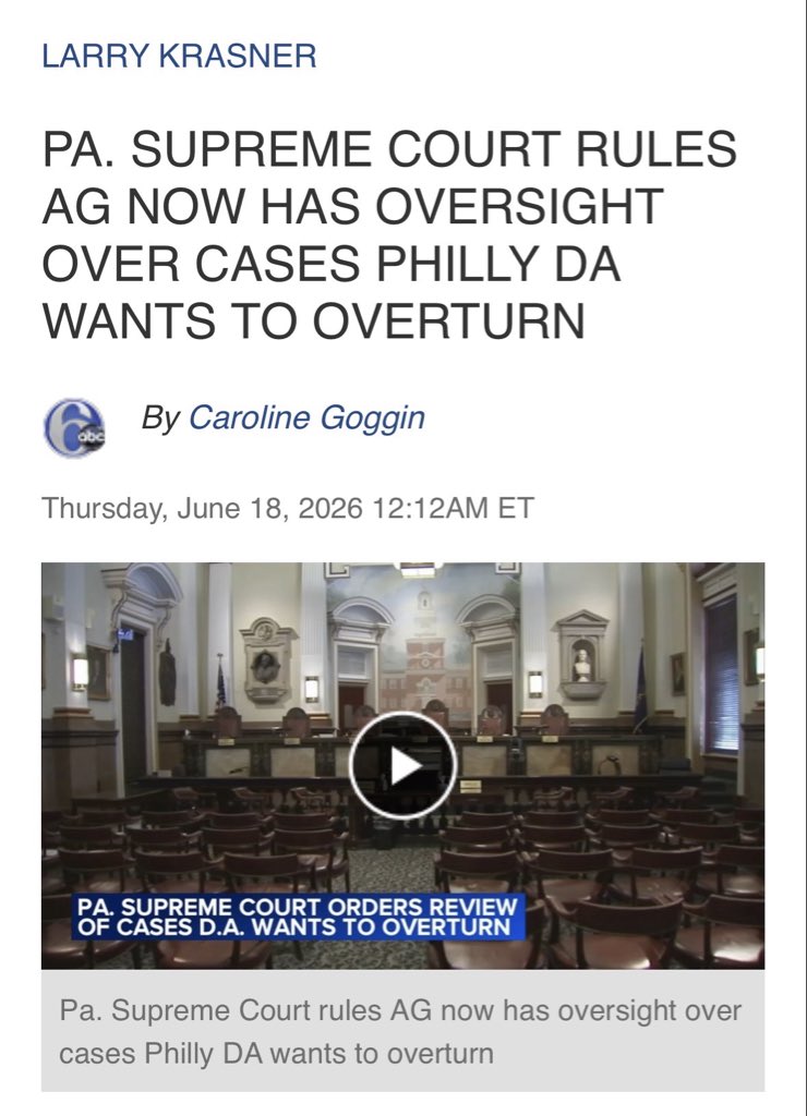 hollyshansen's tweet photo. 🧵The Pennsylvania Supreme Court ruled Tuesday that the state's Office of the Attorney General will now have oversight over cases Philadelphia District Attorney Larry Krasner tries to overturn. https://t.co/Q9pFv6NKfp