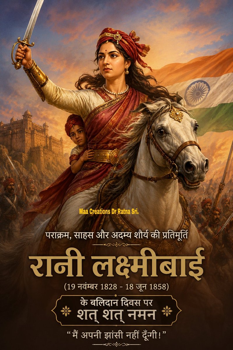 RatnaTdr's tweet photo. @rashtrapatibhvn 
#ranilaxmibai 
अंग्रेजों के छक्के छुड़ाने वाली अद्भुत साहस,पराक्रमऔरअदम्य शौर्य की अप्रतिम प्रतीक,मातृभूमि की रक्षा के लिए सर्वोच्चबलिदान देने वाली महान वीरांगना स्वाधीनता संग्राम सेनानी मांभारती केअमर रानी लक्ष्मीबाई जी की पुण्यतिथि पर उन्हें विनम्र श्रद्धांजलि https://t.co/eZ0Uq48Ww7