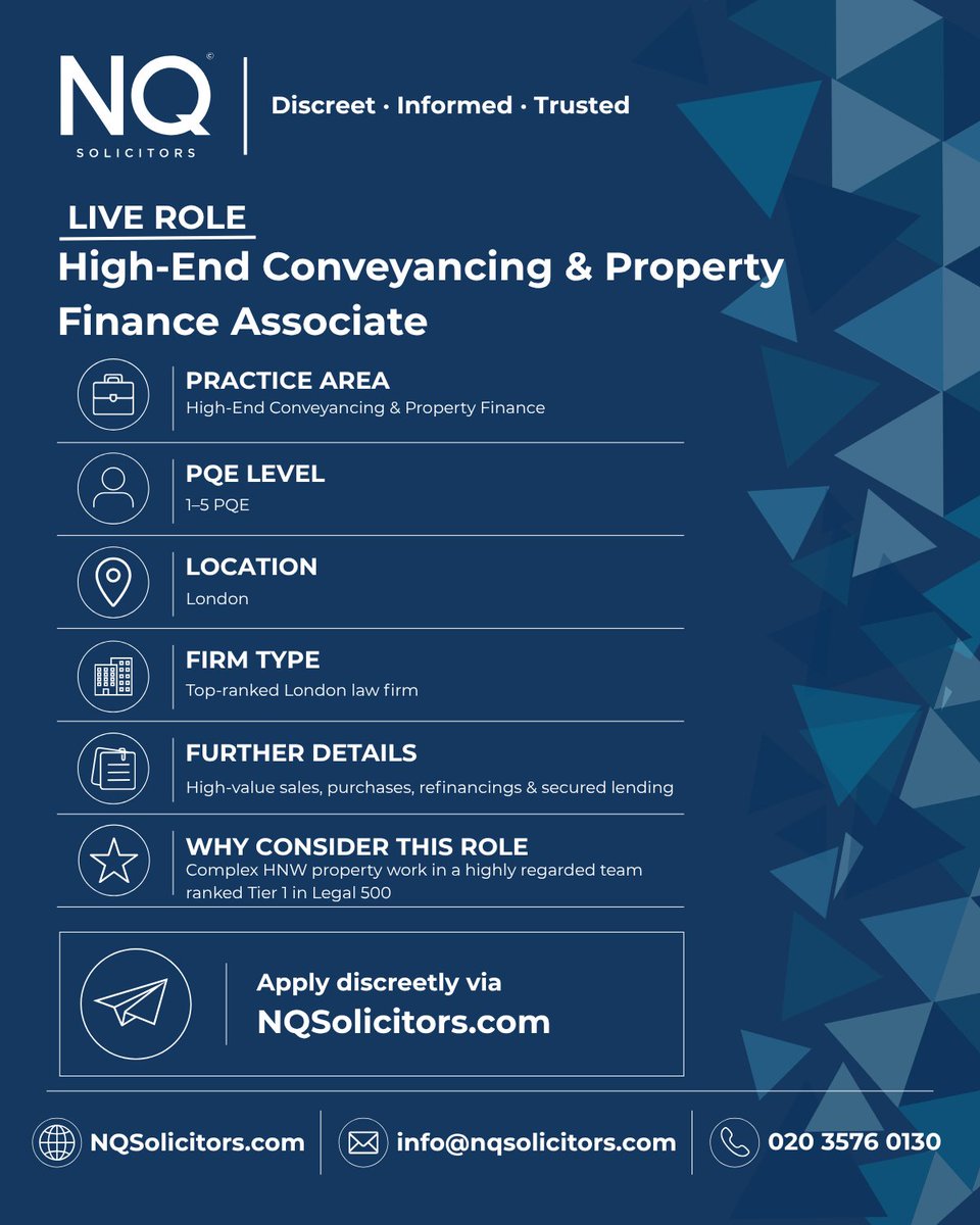 NQSolicitors's tweet photo. High-End Conveyancing &amp; Property Finance Associate | 1–5 PQE | London

Top-ranked London firm. HNW property, secured lending, refinancing &amp; complex residential matters. 

Apply discreetly via https://t.co/cKlWLzNM6z

#LegalJobs #SolicitorJobs #PropertyLaw https://t.co/ppcwGlpWxa
