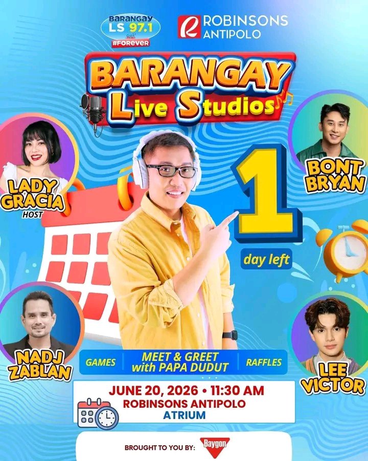 leevictorsofc's tweet photo. BUKAS NA, MGA KA-BARANGAY!  🥳 

Kita-kits bukas sa Robinsons Antipolo Atrium, sa ganap na 11:30 ng umaga, Victors! 😃 

#BarangayLiveStudios #BrgyLS971

#LeeVictor | Lee Victor https://t.co/gInGI2MpMa