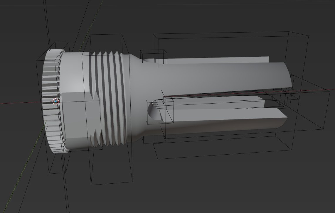 Tirvallo's tweet photo. Wow, I think I'm actually finished with the base mesh for the flash hider. Quite happy with how it's turned out so far. Wrangling the booleans for the first time was definitely a journey, but I feel great so far. Looking forward to nailing the re-topology after a short break.😁 https://t.co/Xzz6JY7iLz