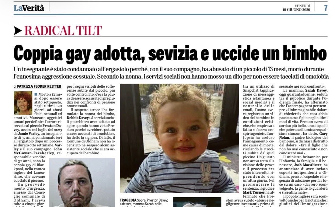fratotolo2's tweet photo. Un insegnante inglese è stato condannato all’ergastolo perché, con il suo compagno, ha ucciso il figlio adottivo di 13 mesi, durante una delle ripetute aggressioni sexxuali.

Secondo la nonna, i servizi sociali non hanno mosso un dito per evitare l'accusa di omofobia.
@patfreitter