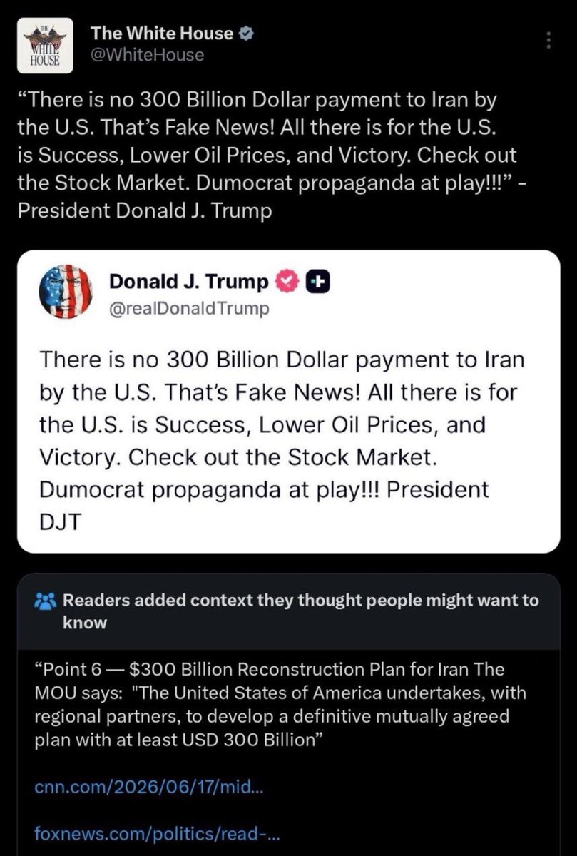 krassenstein's tweet photo. THE WHITE HOUSE was just community noted about the $300 BILLION Iran fund. 

Even the right-leaning social network knows that we got screwed by Iran. https://t.co/Qcvldcyrjs