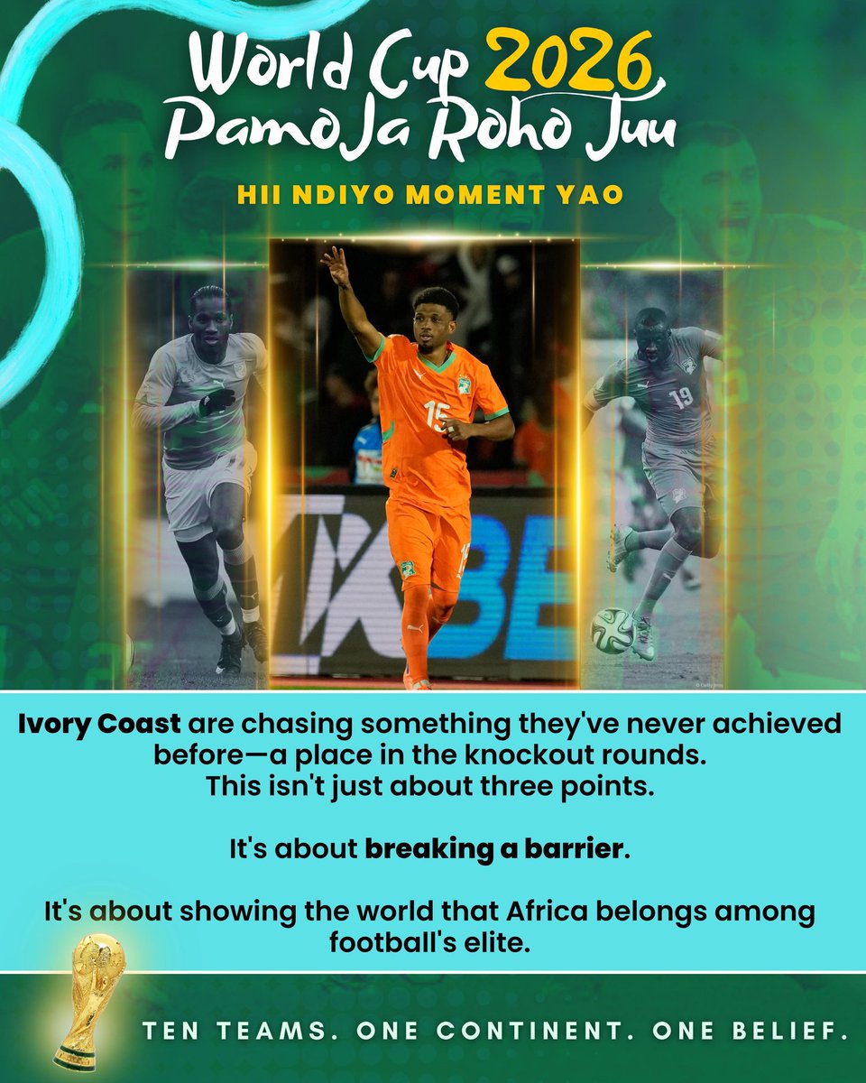Modoi4088's tweet photo. #PamojaRohoJuu
Ivory Coast vs Germany 

Africa has announced itself at the World Cup. Now comes one of the biggest tests yet.
Ivory Coast are one win away from booking a place in the knockout stages and proving once again that African football belongs among the world’s elite. https://t.co/lJP6DptTgs