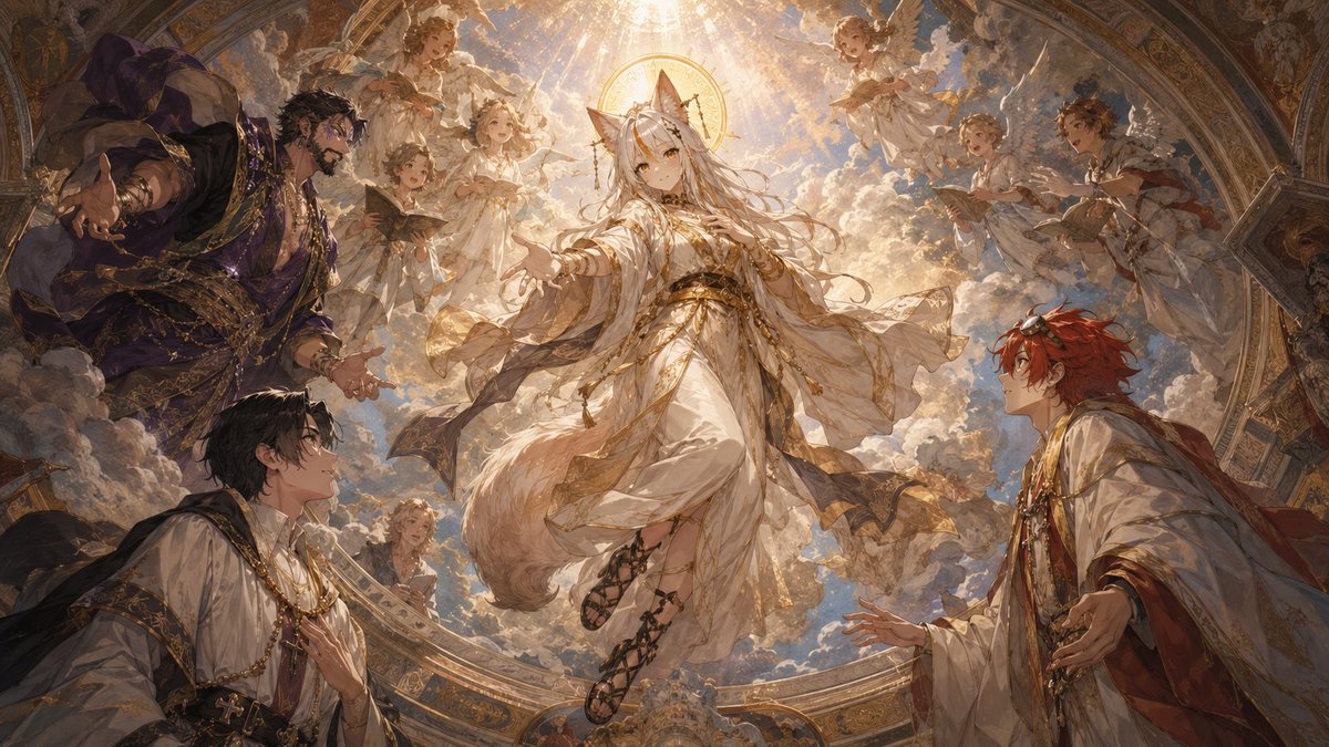 Arbel_Gaming's tweet photo. Cathedral Ceiling

******Prompt start******

@image1 - main character reference - middle of the frame!
@image2 - secondary character reference (optional)
@image3 - secondary character reference (optional)
@image4 - secondary character reference (optional)
@image5 - secondary character reference (optional)
NOTE: ONLY USE CHARACTERS FROM THE UPLOADED REFERENCE IMAGES. @IMAGE1 IS THE MAIN CENTRAL CHARACTER. ONLY INCLUDE SECONDARY CHARACTERS IF THEIR REFERENCE IMAGES WERE ACTUALLY PROVIDED. NEVER INVENT NEW CHARACTERS AND NEVER GENERATE MORE SECONDARY CHARACTERS THAN REFERENCES UPLOADED.

preserve for all characters:
- face shape, eyes shape, eye color, gender, age, hair style, hair color, silhouette.

<style>
cathedral ceiling fresco,
High Renaissance mural painting,
Baroque ceiling fresco,
painted vaulted architecture,
di sotto in sù perspective,
trompe-l'œil architectural illusion,
ornate gilded decoration,
celestial cloud compositions,
classical religious mural aesthetic,
Old Master fresco technique,
monumental painted ceiling
</style>

<quality>
masterpiece,
museum-quality,
highly detailed,
intricate brushwork,
expert composition,
fine fresco texture,
professional lighting,
exceptional craftsmanship,
sharp focal hierarchy,
rich color harmony
8k resolution
poster quality
</quality>

<lighting>
ethereal god rays infused with sparkling magical particles and light motes, luminous celestial energy radiating from a central divine source, soft dreamlike volumetric lighting, iridescent light refractions through clouds, glowing magical halos and subtle aura around characters, radiant bloom on gilded details, mystical yet painterly light that feels both heavenly and enchanted, delicate light shafts with floating luminous specks, Old Master fresco technique meets subtle fantasy illumination
</lighting>

<scene>
aspect ratio: 16:9
If only @image1 is provided, do not add any secondary human characters or worshipers around the main character. Only include the requested singing angels. There must be exactly one single instance of @image1 — do not duplicate or repeat the main character in any way.
a beautiful mural painted on a cathedral ceiling.
@image1 as main character appears in the middle of the painting (placement is fixed without change) with @image2 , @image3 , @image4 and @image5 appear around them (if those images were provided).
change the attire of all characters to fit renaissance Christian iconography.
between 5 to 12 singing angels appear in the scene (number varies)
@image1 has a round halo placed slightly above his head.
rest of the characters are looking at @image1.
all characters have different poses (poses are varied for each character).
Only generate as many secondary characters as reference images were actually provided. Do not create additional or duplicate characters.
If only @image1 is provided, do not add any secondary human characters or worshipers around the main character. Only include the requested singing angels.
the atmosphere should convey awe, worship, prayer and godhood.
</scene>

<negative prompt>
Low quality, worst quality, blurry, bad anatomy, extra fingers, missing fingers, extra digits, missing digits, jpeg artifacts, logo, text, watermark, pointillism, deformed, ugly, ugly faces, blurry faces, cropped, cropping, duplications.
</negative prompt>

*****Prompt End*****
@ysr1305 @88probs @NamikaVT @ChudMaxxed007 @mugiroayatsuki 

----------------
#AIart️️️️️️️️️️️️️️️️️️️️️️️️️️️️️️️️️️️️️️️️️️️️️️️️️️️ #promptengineering