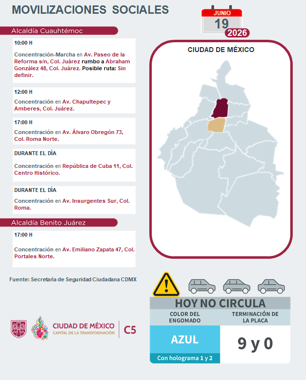 C5_CDMX's tweet photo. ⚠️🗓️ #ENTÉRATE | Para hoy, 19 de junio 2026, estas son las movilizaciones sociales previstas en la Ciudad de México.

#MovilidadCDMX #C5OjosDeLaCDMX  #C5CorazónDeLaCDMX #OjosDeLaCiudad https://t.co/8ZPAGqxLvj