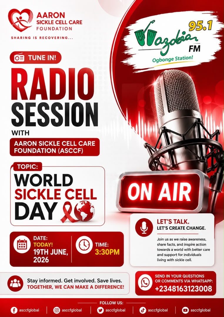 asccfglobal's tweet photo. Today 3:30PM ๐ป
ASCCF goes live on Wazobia FM 95.1
Weโre talking sickle cell, genotype testing, and saving future generations.
Listen in. Ask questions. Know your genotype.
#ASCCF #SickleCellAwareness #WazobiaFM95_1 #KanoEvents https://t.co/ZZH5mQSsFo