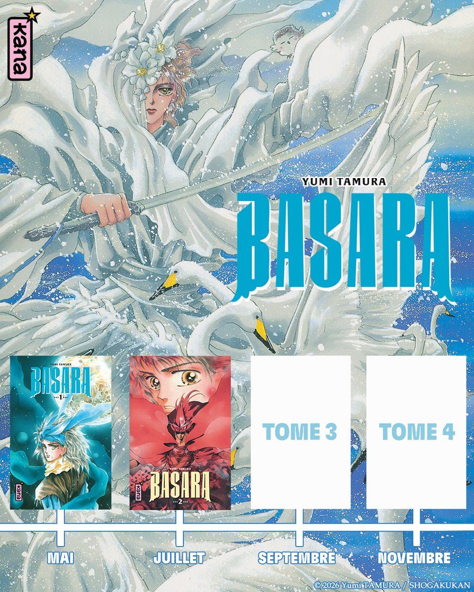 EditionsKana's tweet photo. Voici le planning 2026 de Basara Star Edition ! Le tome 1 est déjà sorti mais on est déjà impatients pour le tome 2, prévu pour le 3 juillet ! 🤩

Et vous, vous avez hâte pour les prochains tomes ? 🔥 https://t.co/G0mQb2OWJ9