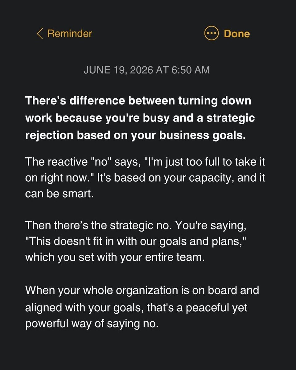 CarpenterCPAs's tweet photo. Reactive No: "We're too busy"
Strategic No: "This doesn't fit our goals"

When your whole team knows the vision, saying no becomes peaceful instead of stressful.

Stop taking work just because it's there. Be strategic.

Watch the full conversation on YouTube - search "Contractor Success Network"
