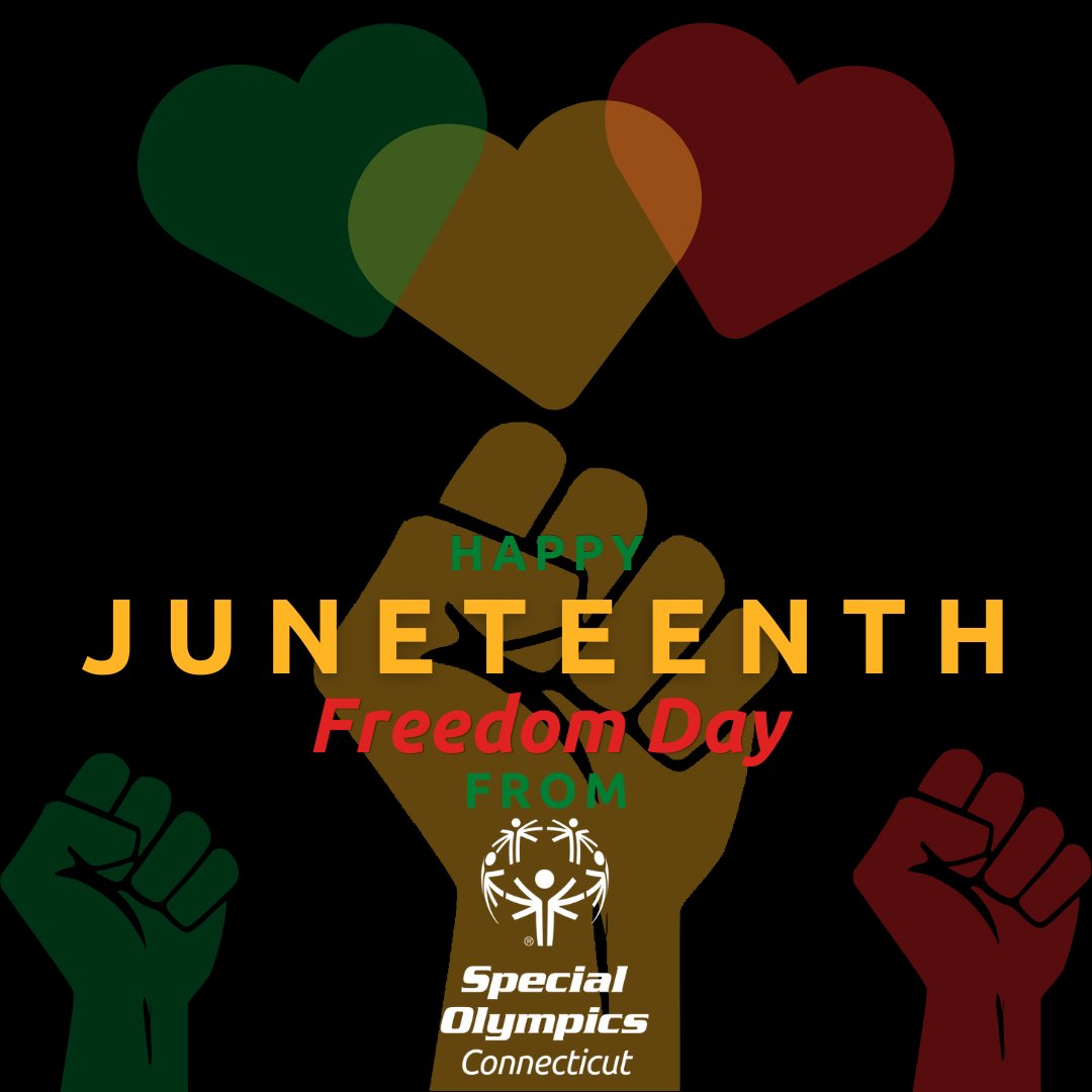 SOCTconnecticut's tweet photo. Happy Juneteenth and Freedom Day from Special Olympics Connecticut! As we reflect on this historic day, we remain committed to building communities rooted in respect, opportunity, and unity. 💚💛❤️
#soct #juneteenth #freedomday #choosetoinclude #strongertogether #celebratefreedom https://t.co/d4CJSnRTd1