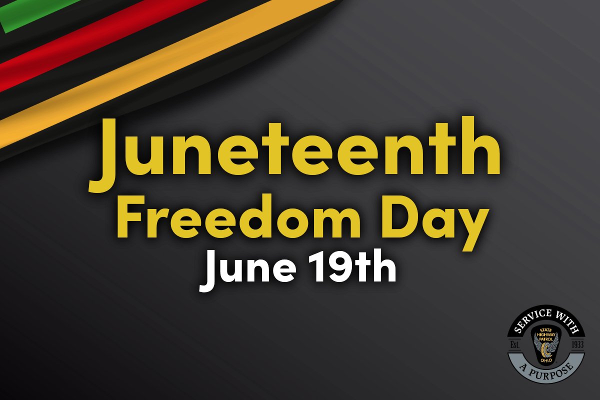 Green, red, and gold stripes accent the corner of the image on a gray background that says, "Juneteenth Freedom Day - June 19th." 