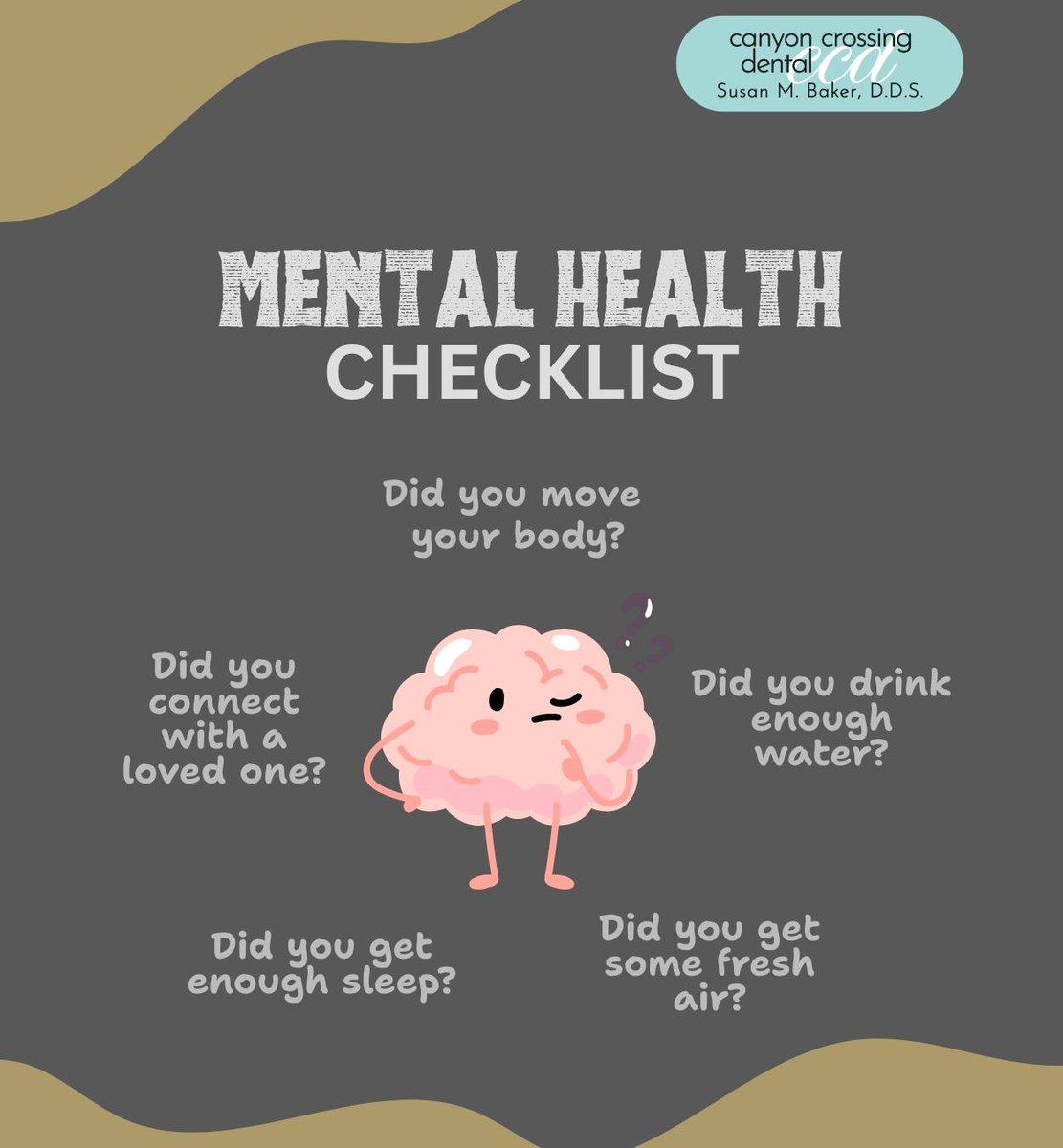 DrSusanBakerC's tweet photo. Here's a quick mental health checklist for you. How many of these have you completed today? Let us know in the comments.
.
.
.
.
#mentalhealth #selfcare #selflove #CanyonCrossingDental #Ivins #UT https://t.co/dTc9B3Pu1G