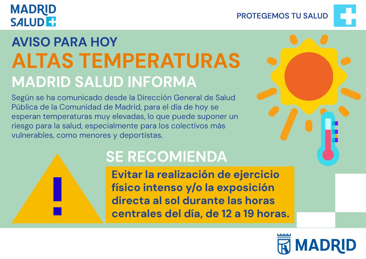 madridsalud's tweet photo. Madrid Salud informa:

Según comunica la Consejería de Sanidad de la Comunidad de Madrid, se activa:

Alerta por Calor NIVEL DE PRECAUCIÓN (Riesgo moderado) desde hoy viernes 19 de junio de 2026

Sigue las recomendaciones: https://t.co/rnDE0H5ruD https://t.co/YDgGQBewvq