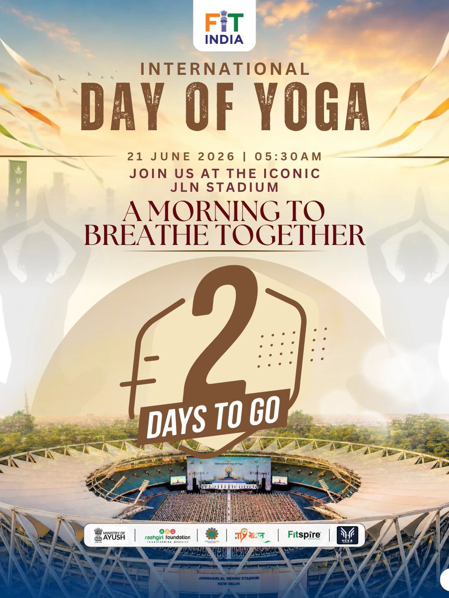 FitIndiaOff's tweet photo. 2 DAYS TO GO!

Get ready to stretch, breathe &amp; celebrate the spirit of yoga at the grand #InternationalDayOfYoga celebration at JLN Stadium, New Delhi.

The mats are almost unrolled. Are you ready?

#IDY2026 #YogaDay #FitIndia #YogaForHealthyAgeing https://t.co/EMDNVeTXDE