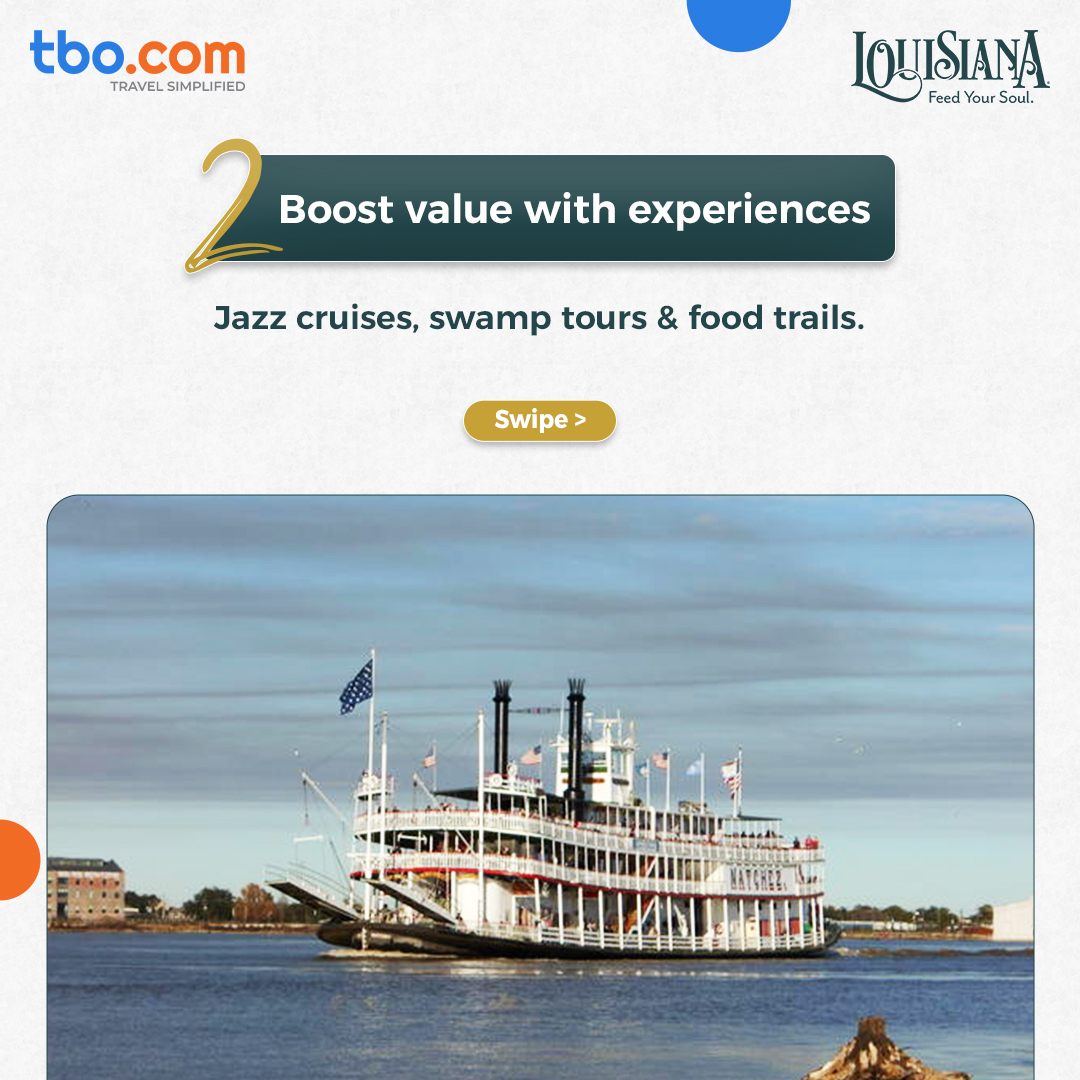 TBO_INDIA's tweet photo. Selling Louisiana is all about selling unforgettable experiences!

Save this post for your next client pitch.
https://t.co/Kqji6Da3Of

#Louisiana #TBO #TravelAgents #OutdoorAdventures #ExperientialTravel https://t.co/SDxbHZdWek