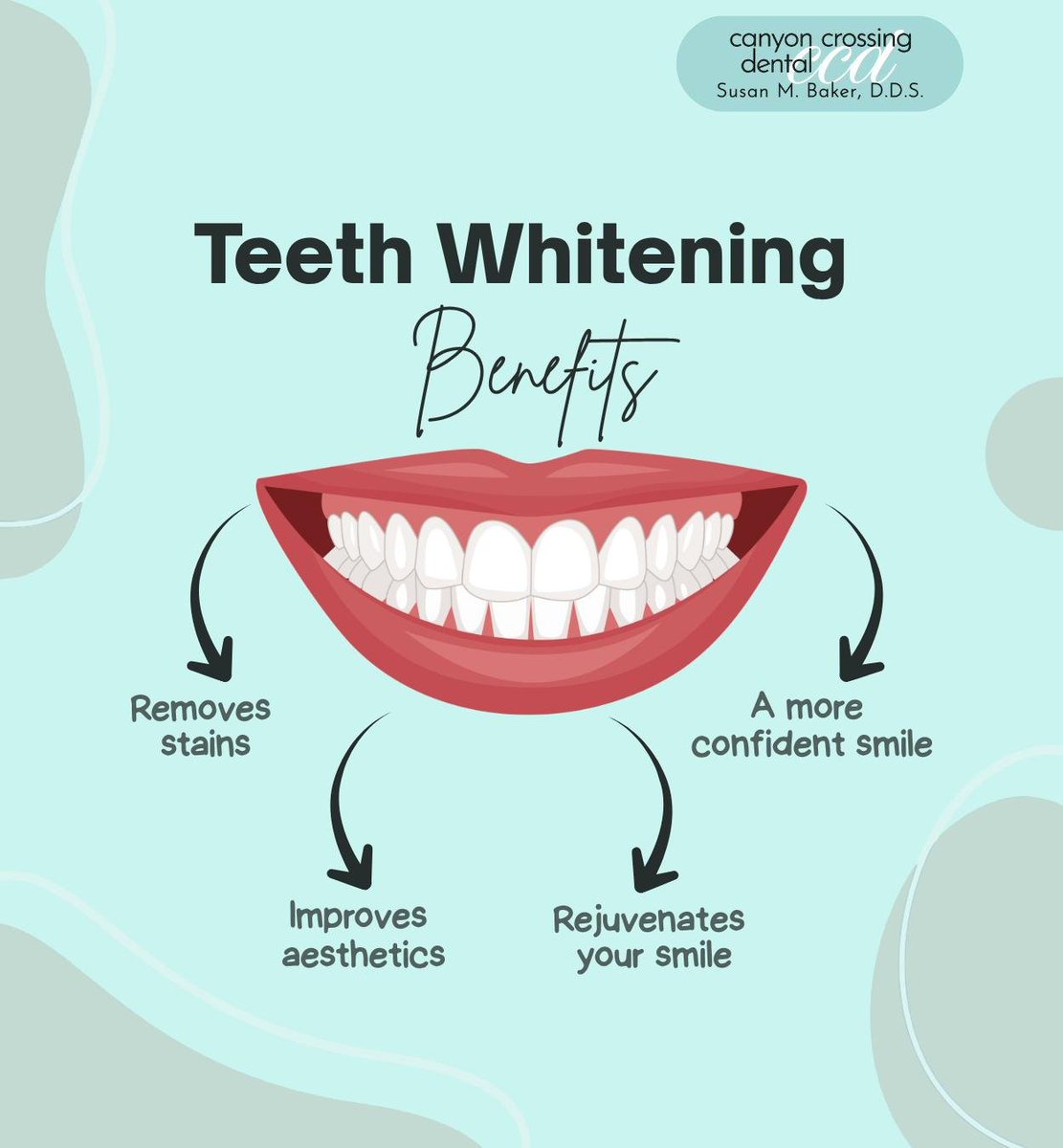 DrSusanBakerC's tweet photo. Professional teeth whitening can make dramatic improvements to your smile. Book your session and enjoy a sparkling, healthy smile.
.
.
.
#teethwhitening #sparklingsmile #vibrantsmile #CanyonCrossingDental #Ivins #UT https://t.co/colyBt7LWw