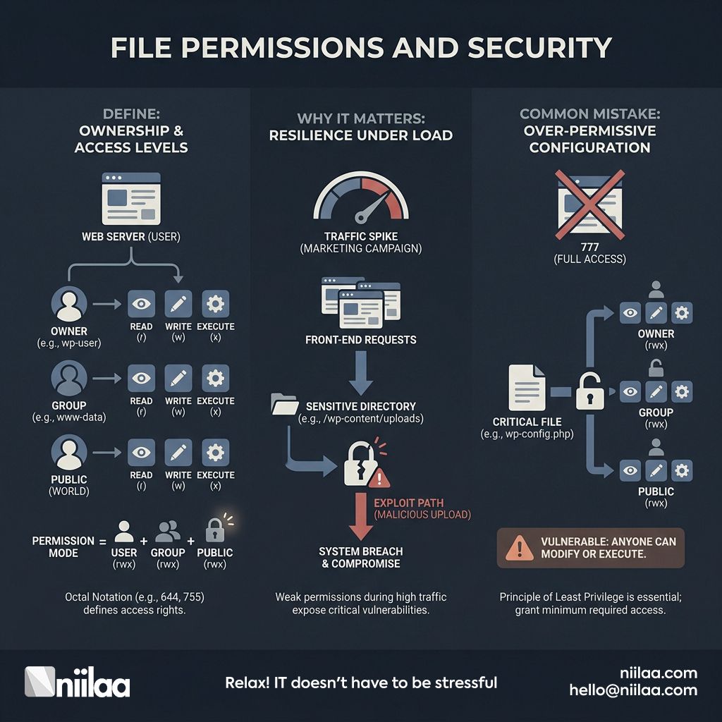 niilaaLLC's tweet photo. File permissions and security are a WordPress foundation: use least privilege. Baseline: folders 755, files 644, avoid 777. Tight permissions + smart plugin management reduce risk and keep updates stable. #WordPressSecurity #WordPressSecurity https://t.co/ZUPSXEUTdF