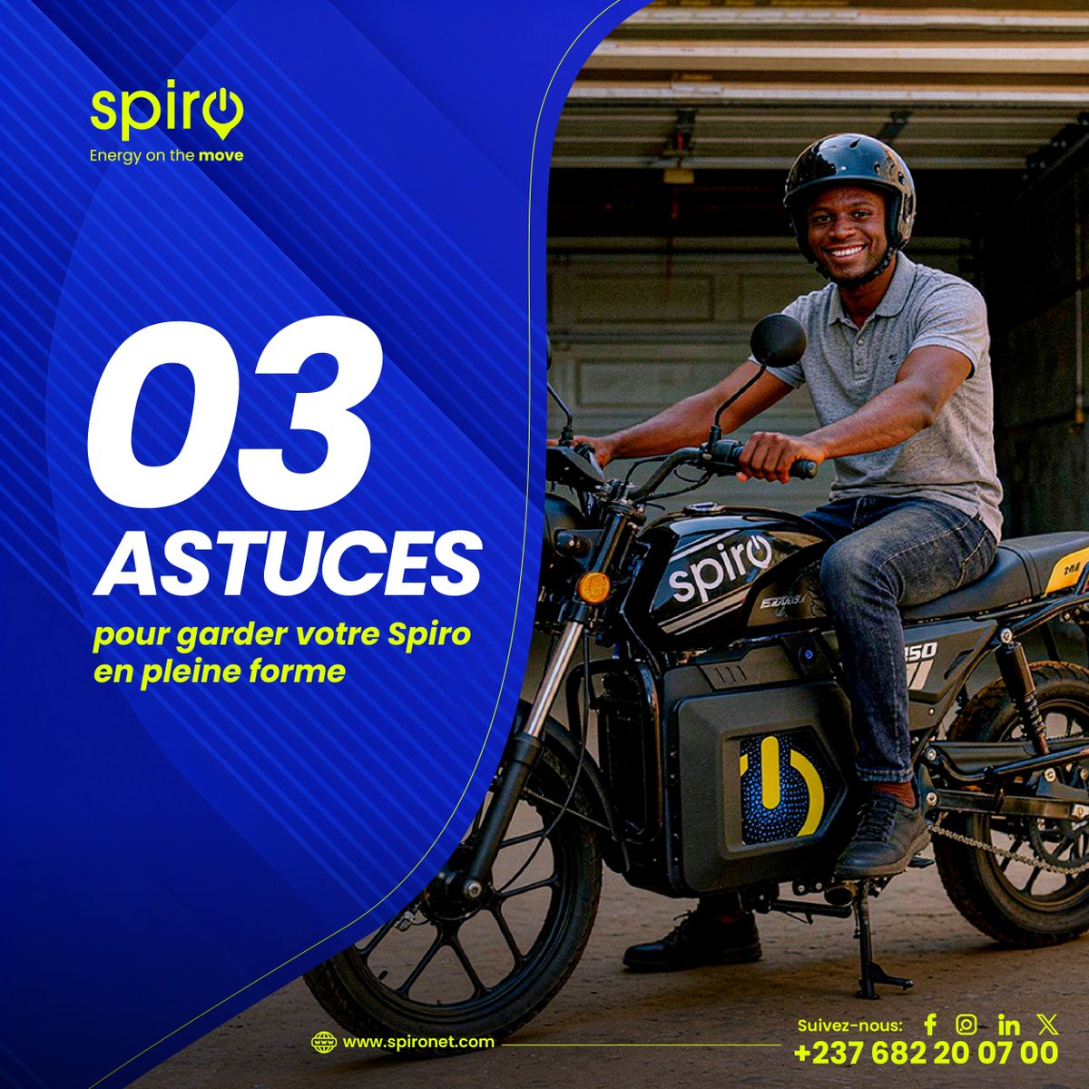 SpiroCameroon's tweet photo. 3 astuces simples pour garder votre Spiro en pleine forme
1️⃣ Vérifiez régulièrement la pression des pneus.
2️⃣ Nettoyez les contacts de la batterie.
3️⃣ Respectez les cycles de swap recommandés.
Et en cas de doute, notre SAV est toujours là pour vous !

#SpiroCameroun #spiro #SAVEV https://t.co/zkDid3poJb