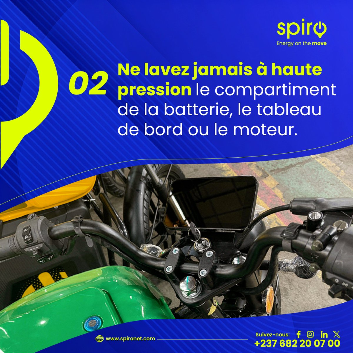 SpiroCameroon's tweet photo. 3 astuces simples pour garder votre Spiro en pleine forme
1️⃣ Vérifiez régulièrement la pression des pneus.
2️⃣ Nettoyez les contacts de la batterie.
3️⃣ Respectez les cycles de swap recommandés.
Et en cas de doute, notre SAV est toujours là pour vous !

#SpiroCameroun #spiro #SAVEV https://t.co/zkDid3poJb