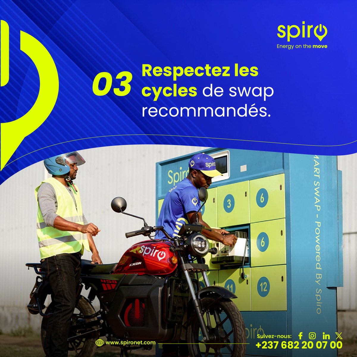 SpiroCameroon's tweet photo. 3 astuces simples pour garder votre Spiro en pleine forme
1️⃣ Vérifiez régulièrement la pression des pneus.
2️⃣ Nettoyez les contacts de la batterie.
3️⃣ Respectez les cycles de swap recommandés.
Et en cas de doute, notre SAV est toujours là pour vous !

#SpiroCameroun #spiro #SAVEV https://t.co/zkDid3poJb