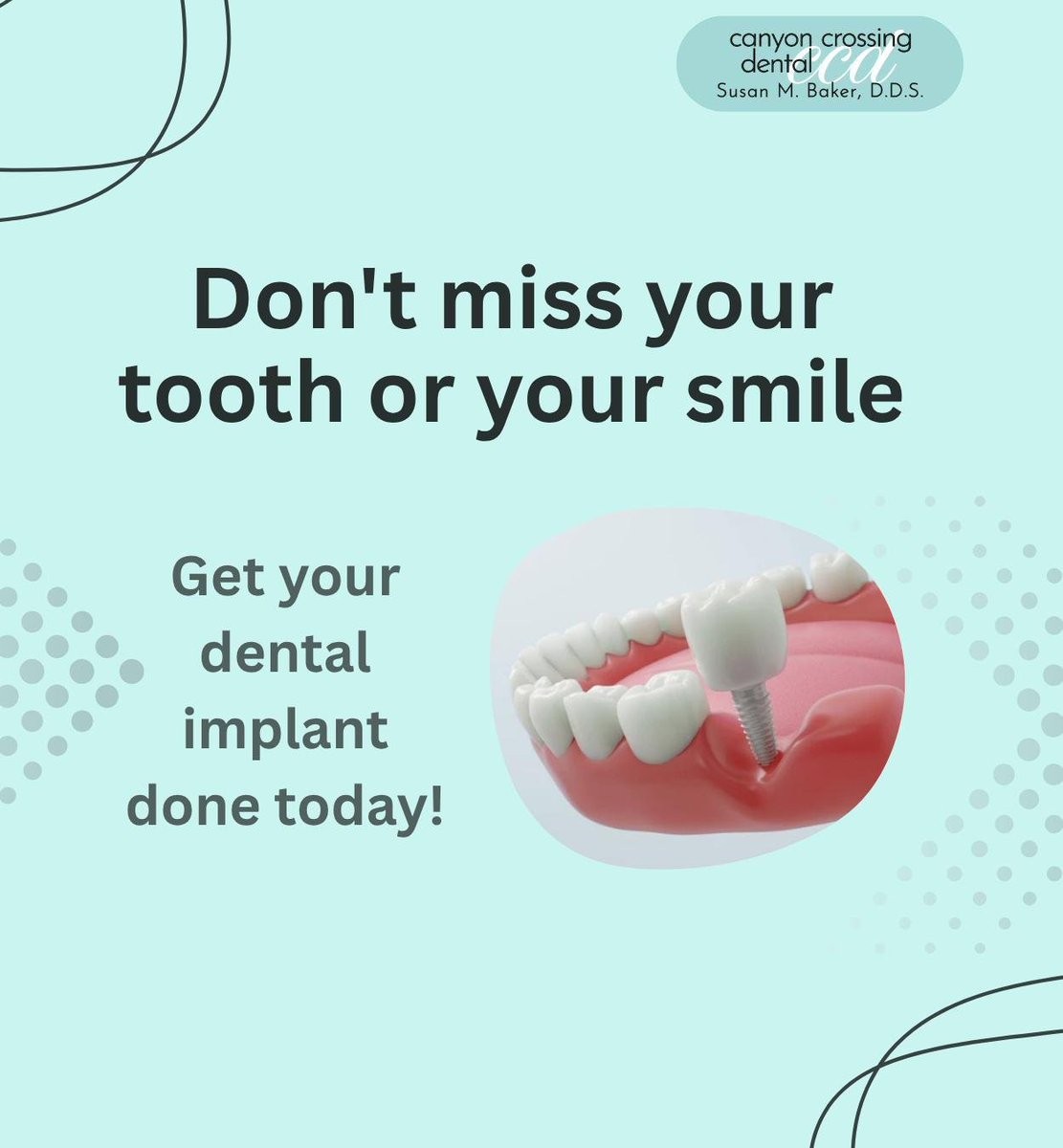 DrSusanBakerC's tweet photo. Dental implants are a long-term solution for missing teeth. They mimic the function and appearance of natural teeth and offer many benefits.
.
.
.
.
#dentalimplants #toothrestoration #missingteeth #CanyonCrossingDental #Ivins #UT https://t.co/igNf2Zvtl8