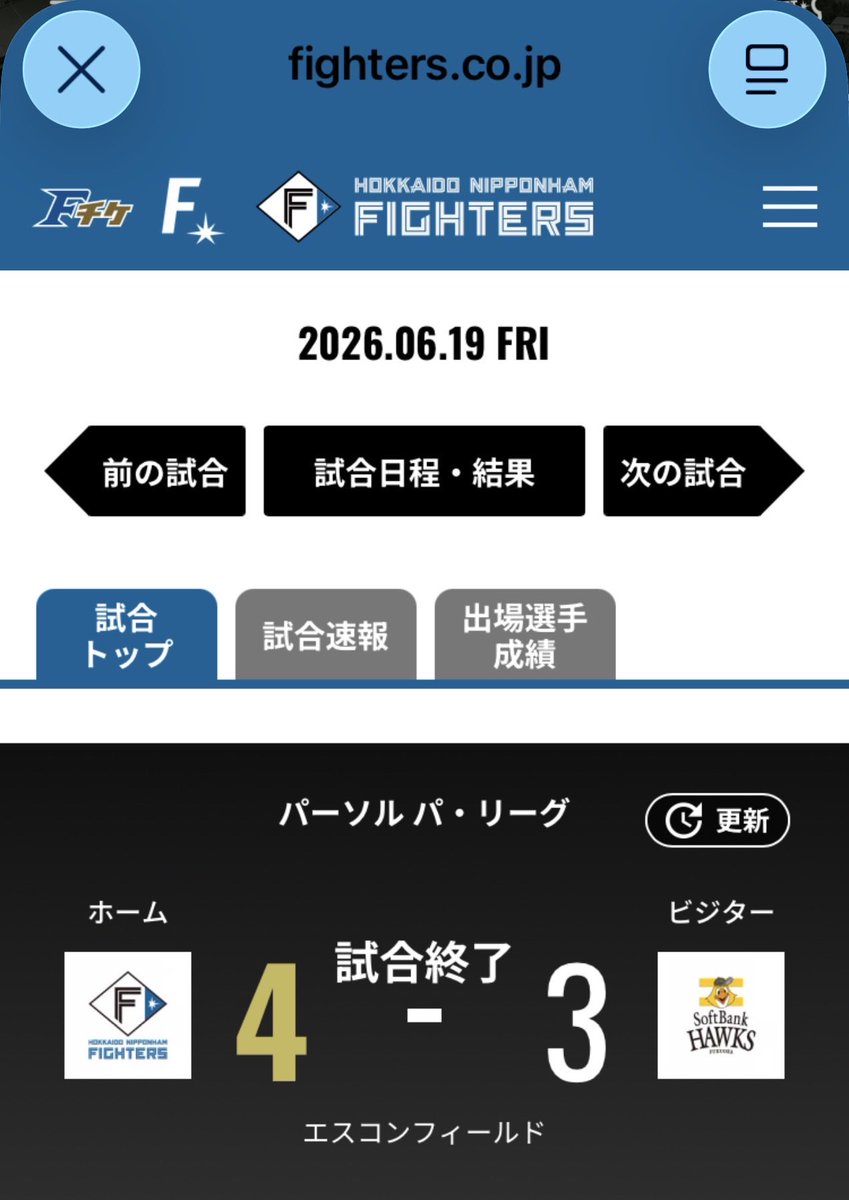 satohbk's tweet photo. ファイターズやっとホークスに勝った！
ほんとホークス恐ろしいよ。
画面越しだったけど緊張感半端なかった。 https://t.co/q5qWkIGZRu