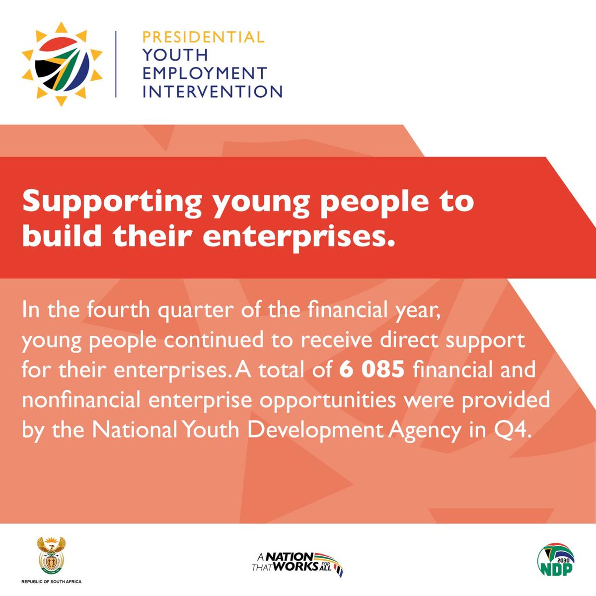 GovernmentZA's tweet photo. #PYEIQ4Report ➡️ The NYDA provided 6 085 financial and non-financial enterprise opportunities to young entrepreneurs. Empowering youth to build, grow, and sustain their own businesses.

🔗Full Report : https://t.co/e7FV5MCujp 

#ServiceDeliveryZA #CapableSate https://t.co/2kl0aIZoXv