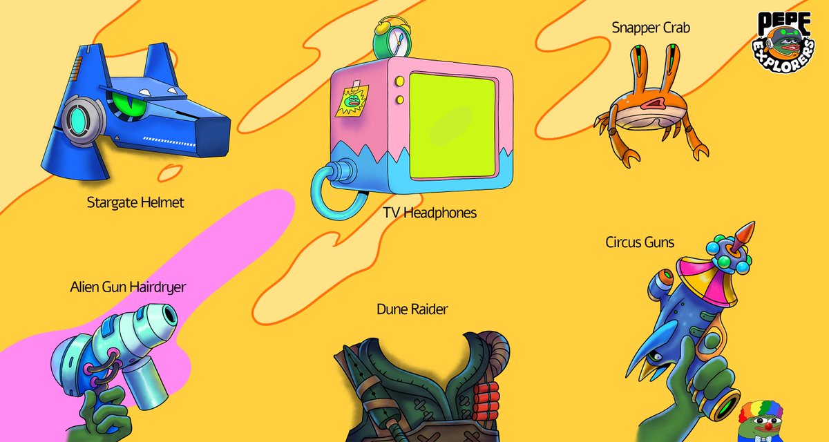 TrystanNFT's tweet photo. Another day to share more stories behind the accessories of @PepeExplorers ! 🥰🚀

Nothing in this collection was created by chance. If you haven't had the opportunity to read the stories behind our accessories yet, you can easily catch up, we’ve linked and referenced every post so you can find them in the X timeline.

Let's start with the "Stargate Helmet". If you're a fan of alien movies or extraterrestrial invasion stories, you probably know the legendary "Stargate SG-1" series (which is returning to Amazon soon!). Throughout the show, Horus' helmet unfolds and reforms in several iconic scenes. We wanted to pay tribute to that concept while creating our own colorful and unique design. 👽

The "TV Headphones" have become one of the most desired accessories among Pepe Explorers collectors. The simple design and the screen displaying Pepe have made it a fan favorite. I've received many messages from collectors looking to trade for it. The story behind it is actually quite simple: we wanted to create a retro headset inspired by an old television. At first, we even considered placing a small Bart Simpson figure on top, but in the end we decided to keep the design clean and minimal. 📺

The "Snapper Crab" is one of the fun companions in the collection. It's a tribute to Crabby and to those markets that seem to move sideways forever. (And yes, the collection also features a Bull riding his eagle for the bullmarket conditions!)

The "Alien Hairdryer Gun" was already introduced about a month ago when I first started presenting the collection. The idea was simple and a little absurd: what if an alien hairdryer designed to dry the tentacles of a strange creature could somehow become an effective weapon for Pepe? A funny and quirky concept that perfectly fits the spirit of the collection.

The "Dune Raider" outfit is another tribute to the incredible *Dune* universe, which inspired several accessories throughout the collection. It's one of my personal favorites to collect, especially with its small upward-pointing knife that gives it such a cool look. ⚔️

In meme culture, we've all seen Pepe dressed as a clown at some point, so we knew he needed his own dedicated weapon: the "Circus Gun". It's one of the most detailed and colorful weapons in the collection, featuring a barrel inspired by the top of a circus tent. 🎪

I hope you enjoyed learning more about these accessories and the stories behind them.

Thank you all for your support and for appreciating the collection. ❤️

See you again soon!

Explore • Expand • Evolve 🐸🌌🪐🚀