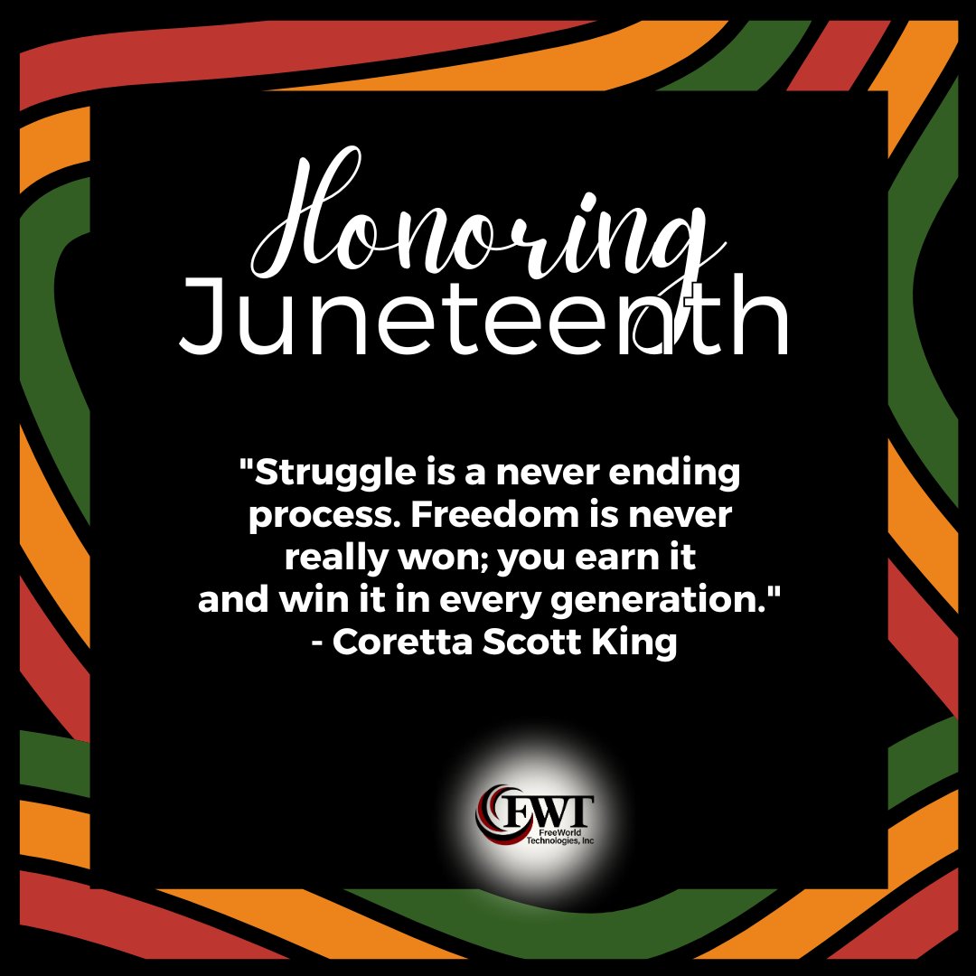 FWTCorp's tweet photo. Today, we celebrate freedom, resilience, and the enduring spirit of a people. Happy Juneteenth!

#Juneteenth #FreedomDay #Honor #BlackHistory #Freedom #Resilience #EnduringSpirit #FreeWorldTech #WomenOwnedBusiness #ManassasParkVA #CityofManassasPark https://t.co/bo2jeTh0Ry