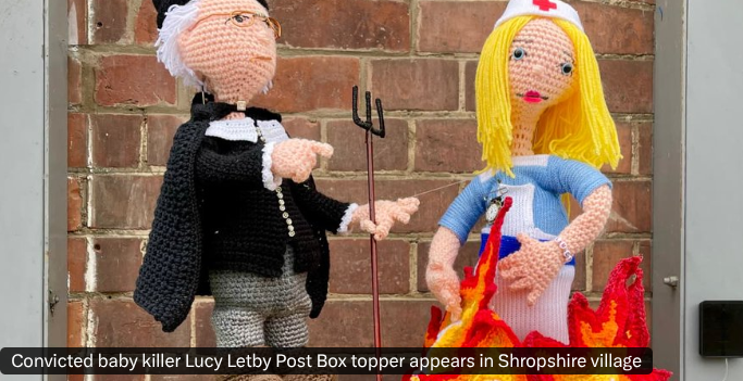 merchant47's tweet photo. I used to think post box toppers were just cozy, twee decorations. Now I know different! This is subversive guerrilla street art in the vein of Banksy what a great contribution to the Lucy Letby campaign. https://t.co/sGPVkDa3S8