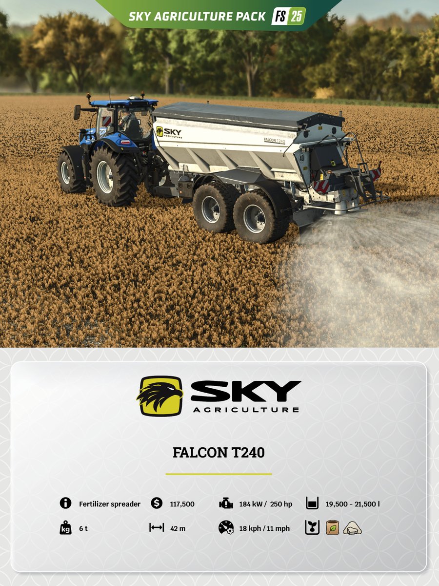 farmingsim's tweet photo. Factsheet Friday returns with more SKY power! 🚜
The SKY Agriculture Pack brings fresh equipment for spreading, seeding, and fieldwork to FS25. Today’s spotlight: FALCON T240, HRW 6000.36 + P100 &amp; PROGRESS TF. 🌱

Check our blog for more info! 👇
🔗 https://t.co/MEVjTcFfd2 https://t.co/8silAja6DO