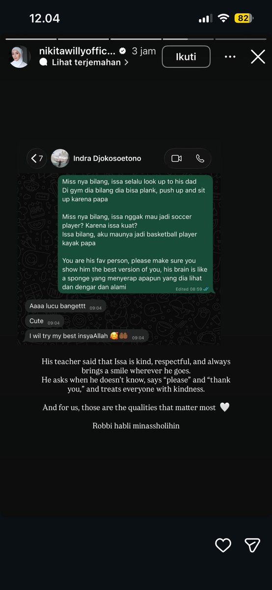 carramelt_'s tweet photo. Definisi "A son's first hero is his father" yang sesungguhnya. 

Gemes banget baca chat Nikita Willy ke suaminya kalau Issa selalu pengen kayak papanya, mulai dari bisa plank sampai mau jadi pemain basket. Goals banget keluarga satu ini, cara komunikasinya juga sangat supportive! 🥺 

Ayo kita ramaikan dunia dengan bapak-bapak hebat💪🏻