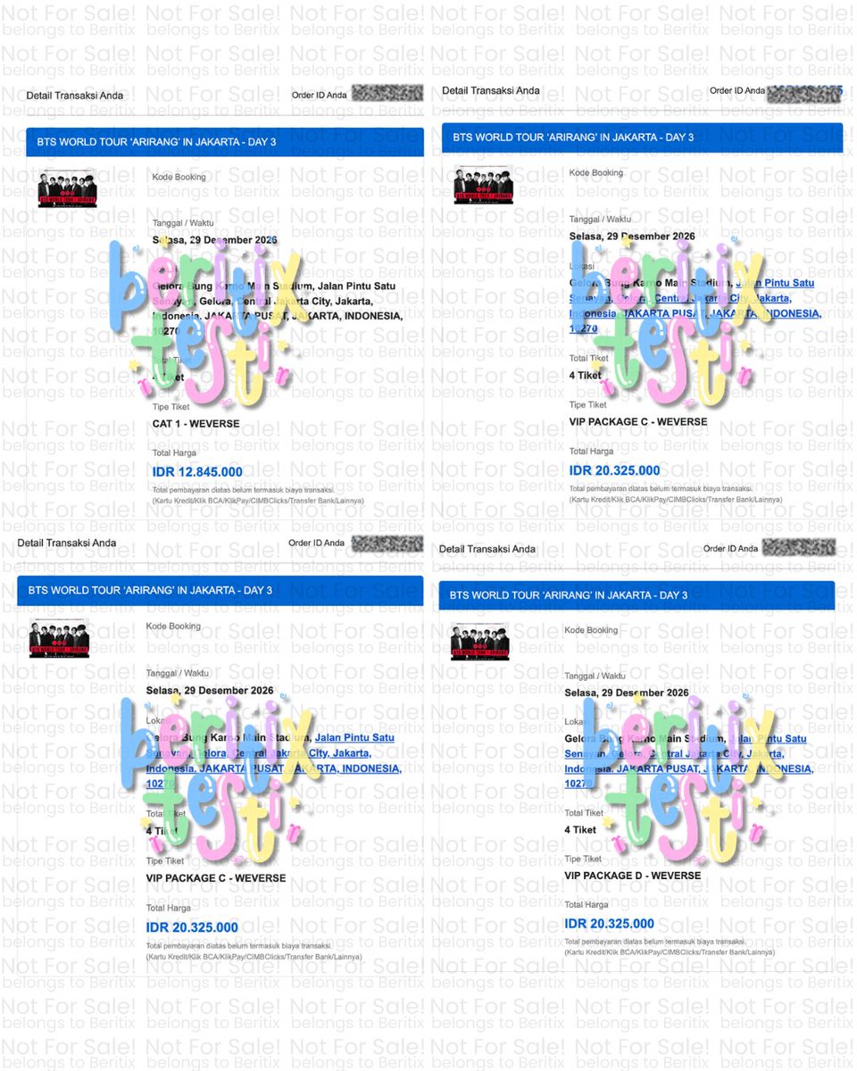 byberitix's tweet photo. 24 tickets secured for today's BTS WORLD TOUR ‘ARIRANG’ Additional Show - Jakarta (Weverse Presale) 💜

• 12tix VIP C, D 
• 1tix Platinum Tribune 
• 8tix CAT 1 
• 3tix CAT 3

❌ NOT FOR SALE
❌ TIDAK ADA TIKET LEBIHAN

t. jastip jaswar bts arirang world tour jakarta ticketing service tpa wtb wts tiket konser #방탄소년단 #BTS #BTS_WORLDTOUR_ARIRANG #BTS_WORLDTOUR_ARIRANG_ASIA #BTS_WORLDTOUR_ARIRANG_JAKARTA