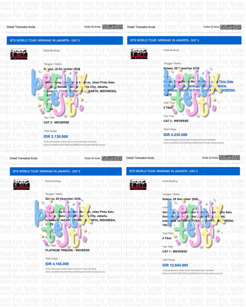 byberitix's tweet photo. 24 tickets secured for today's BTS WORLD TOUR ‘ARIRANG’ Additional Show - Jakarta (Weverse Presale) 💜

• 12tix VIP C, D 
• 1tix Platinum Tribune 
• 8tix CAT 1 
• 3tix CAT 3

❌ NOT FOR SALE
❌ TIDAK ADA TIKET LEBIHAN

t. jastip jaswar bts arirang world tour jakarta ticketing service tpa wtb wts tiket konser #방탄소년단 #BTS #BTS_WORLDTOUR_ARIRANG #BTS_WORLDTOUR_ARIRANG_ASIA #BTS_WORLDTOUR_ARIRANG_JAKARTA