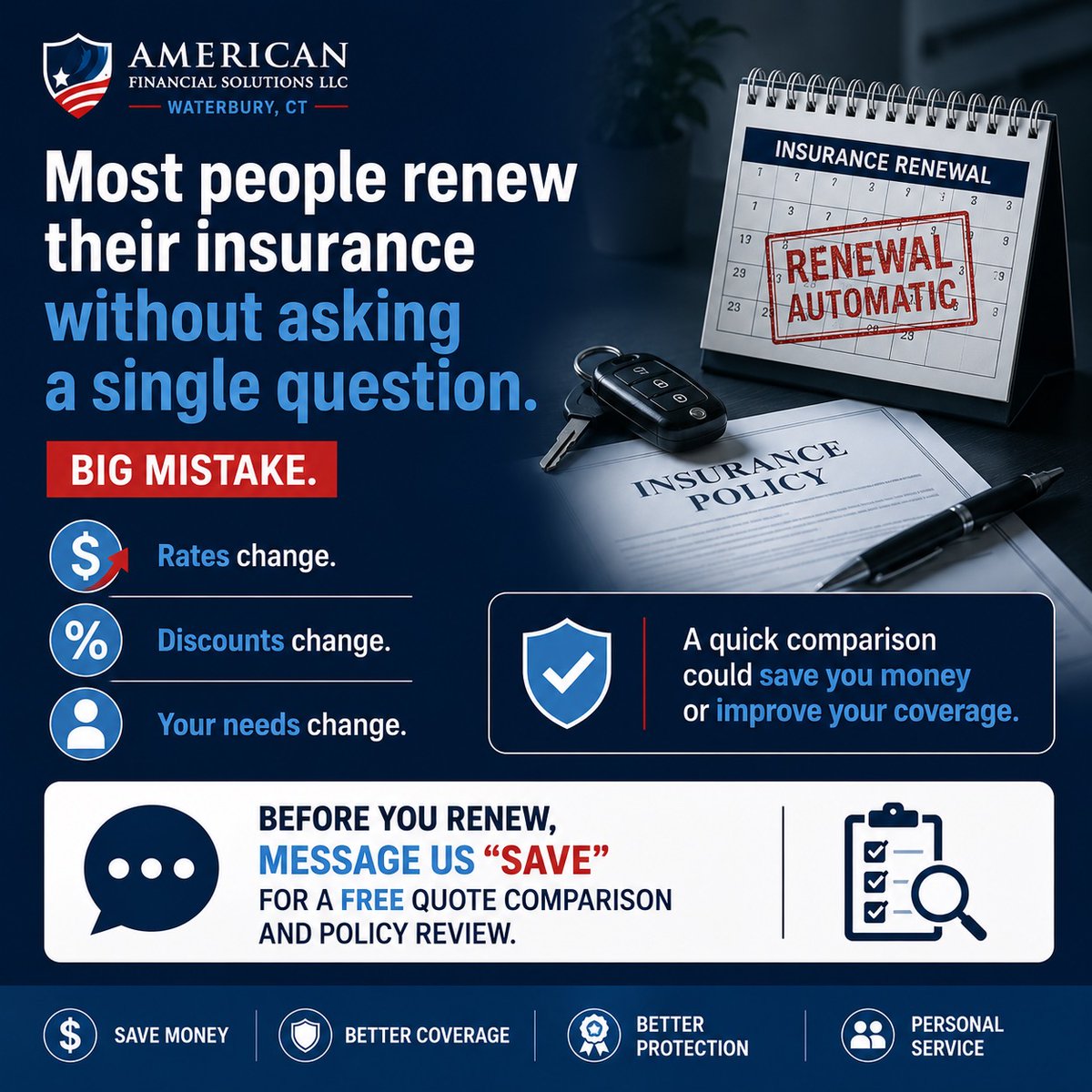 afsins1's tweet photo. Most people renew their insurance without asking a single question. 

Rates change.
Discounts change.
Your needs change.

A quick comparison could save you money or improve your coverage.
👉 Before you renew, message us "SAVE" for a free quote comparison and policy review. https://t.co/ZQR187jlsX