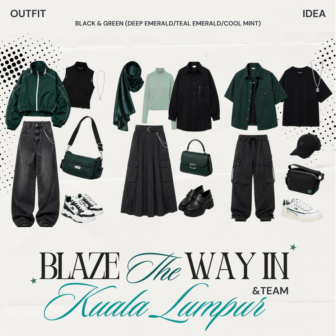 andMYLUNE's tweet photo. 📢 Based on LUNÉ’s votes, the chosen dress code for BLAZE THE WAY in Kuala Lumpur is 🖤💚 BLACK &amp; GREEN!

We've attached some outfit inspo below, feel free to mix and match your own concert fit. See you at BTW, LUNÉ! 🌙

#andTEAM_1st_FootPrint_in_MALAYSIA #MYLUNÉ https://t.co/da8RRIdU0B