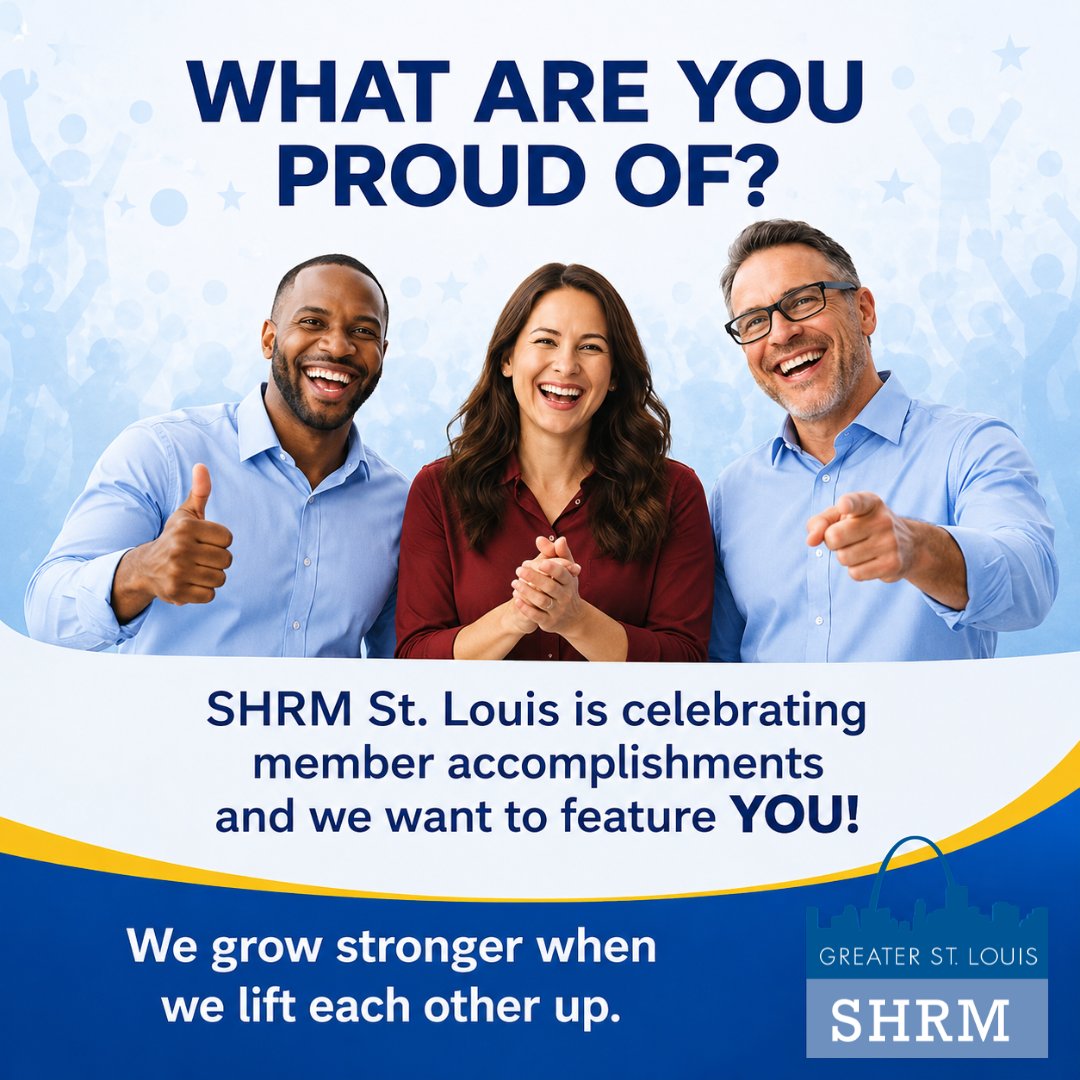 SHRMSTL's tweet photo. HR people are quick to celebrate everybody else. Your win deserves a little room too. 💙

SHRM St. Louis wants to feature member accomplishments. New role, certification, degree, big project, whatever you’re proud of.

Share it here: https://t.co/VfrxCUNWs4

#SHRMSTL https://t.co/z0kxw31qY9