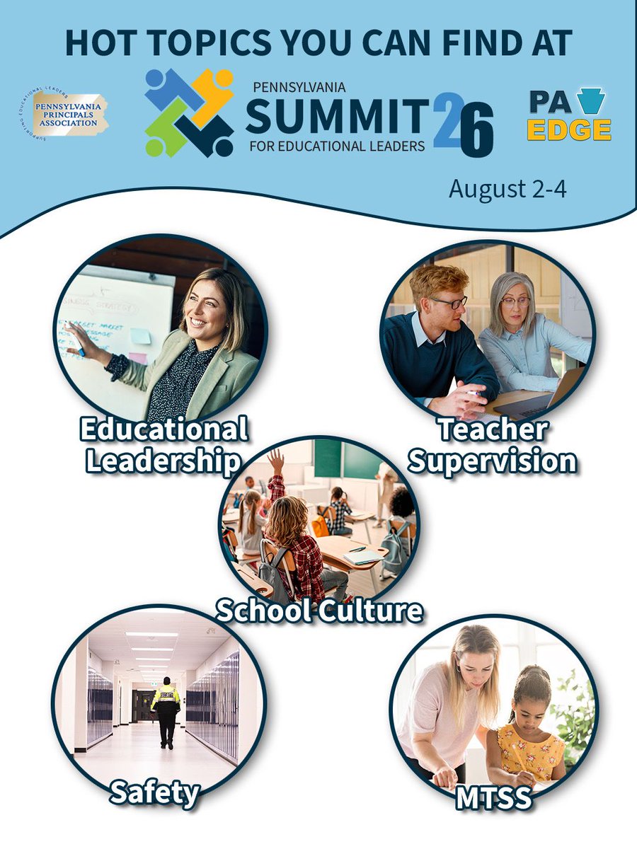 PAPRINCIPALS's tweet photo. 🔥Hot Topics at #Summit26🔥 
Join us August 2–4, 2026, in Allentown, PA, for powerful sessions on: 
🤖AI 
🛟Safety
🎓Educational Leadership 
🧑‍🏫Teacher Supervision 
🌟School Culture
✅Earn up to 110 Act 45 hours! 
📢Register: https://t.co/Ip2hHR1bsG 
#PAPRINCIPALS @PAEDGE https://t.co/m5TESvYWhe