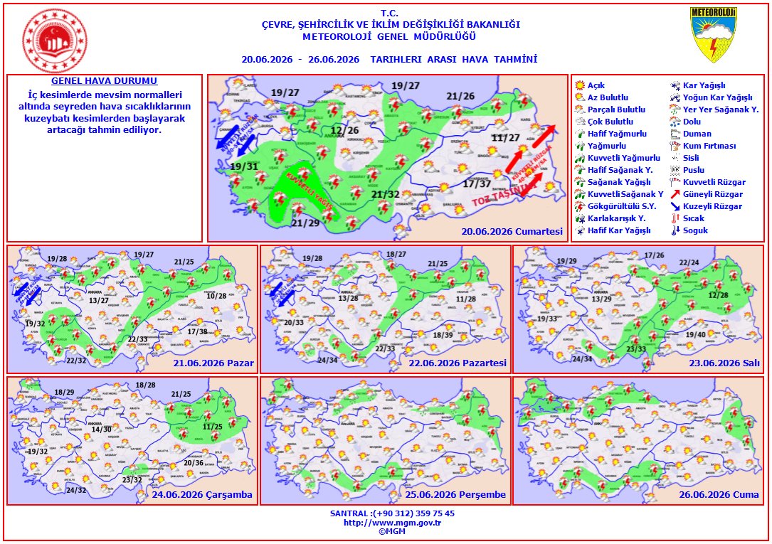 meteoroloji_twi's tweet photo. Haftalık Hava Tahmini
📆(20 - 26 Haziran 2026)
İç kesimlerde mevsim normalleri altında seyreden hava sıcaklıklarının kuzeybatı kesimlerden başlayarak artacağı tahmin ediliyor. https://t.co/2p5QUhZTgO