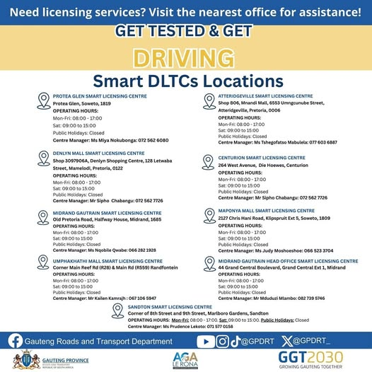 GPDRT_'s tweet photo. Smart DLTCs Centres | Obtain your driver’s licence through the Gauteng Province Roads and Transport Department’s Smart Driving Learner Testing Centres (DLTCs).
The department provides licensing services including driver’s licence applications, renewals, professional driver permits, learner licenses, and motor vehicle registration.
#AgaLeRona #GautengAtWork #growinggautengtogether