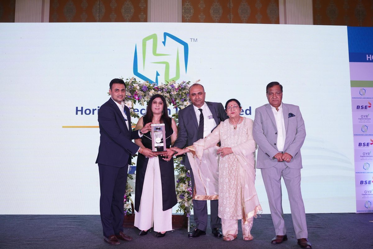 BSEIndia's tweet photo. #ListingsAtBSE | Horizon Reclaim (India) Limited gets listed on the BSE SME Platform.

Mr. Mohit Bajaj, MD, and Ms. Malika Bajaj , Chairman and WTD, Horizon Reclaim (India) Limited along with Mr. Sumit Saxena, AVP, Listing & SME, BSE, and others rang the #BSEBell to mark the listing.